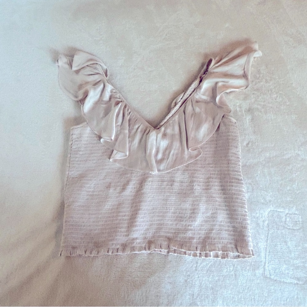 Express Cream Ruffled Ribbed Blouse - Picture 2 of 3